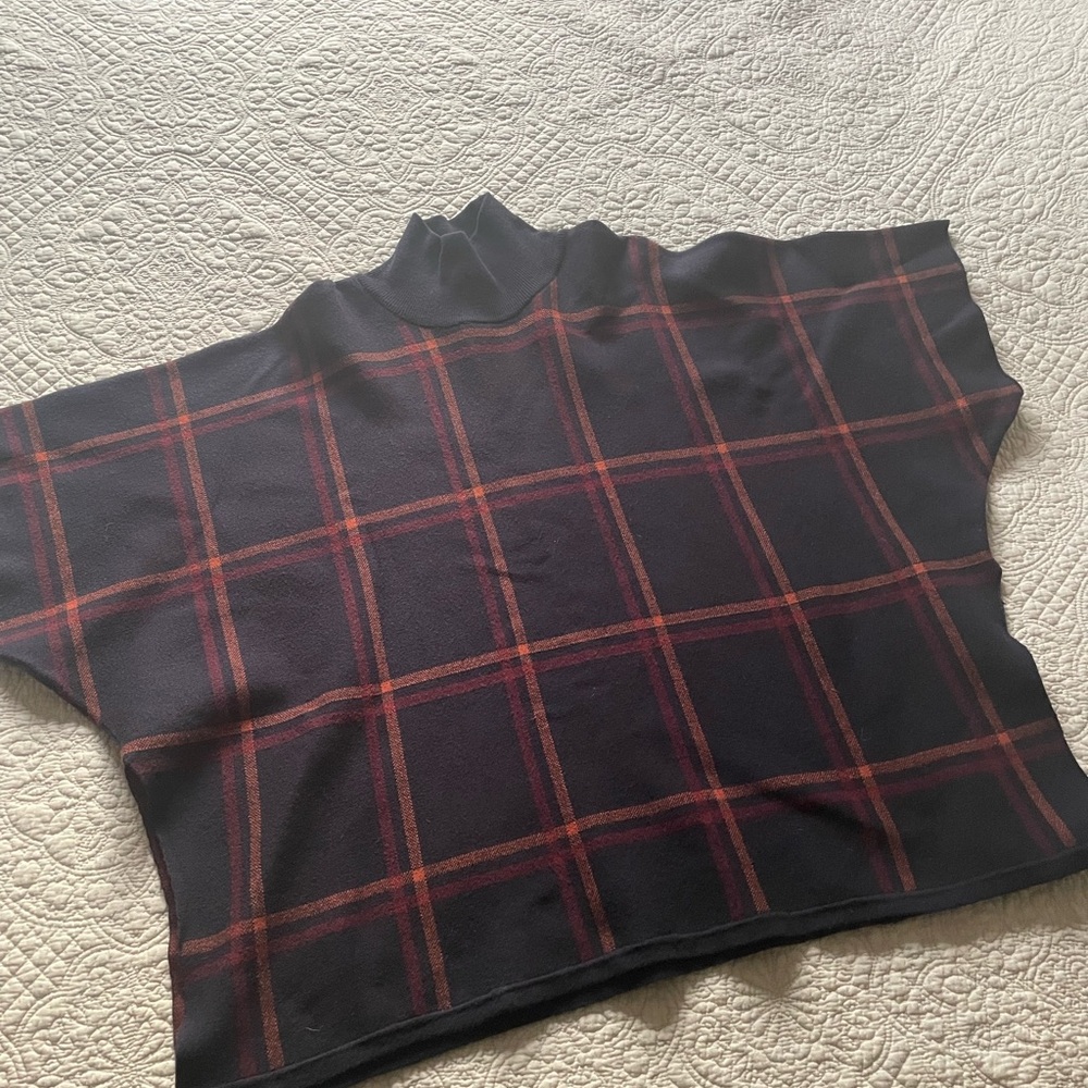 Max Studio Navy Plaid Sweater Poncho